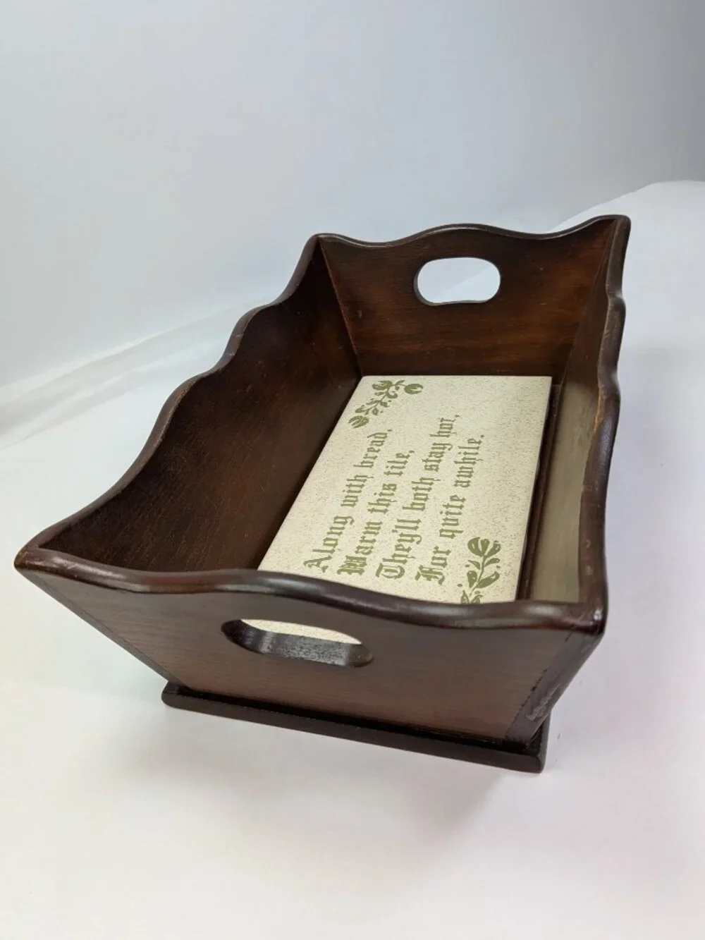 Vintage Wood Bread Warmer Basket & Mid-State Ceramic Tile Insert also a Riser